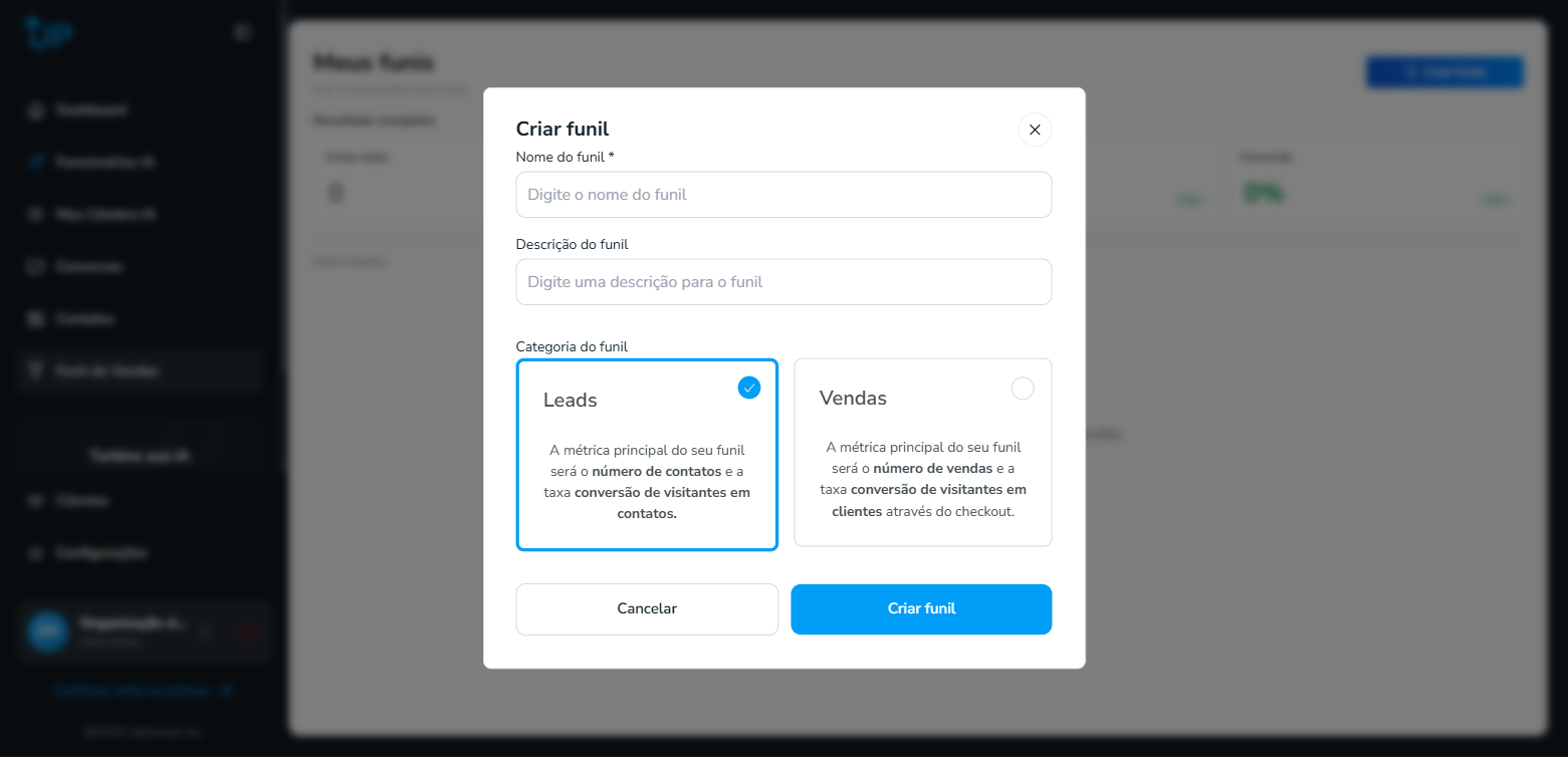 Modal de criação de funil