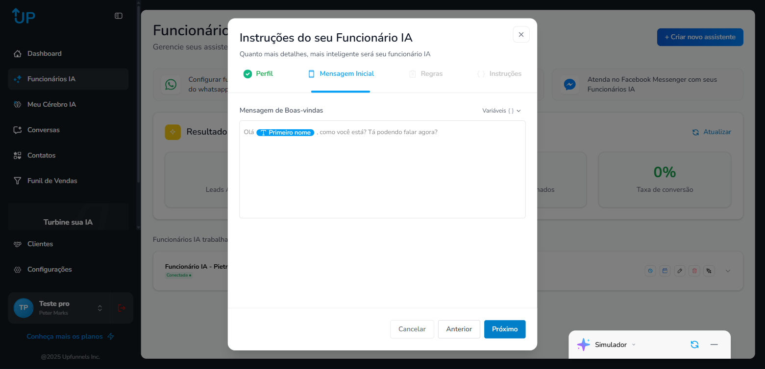 Editar Assistente - Mensagem Inicial