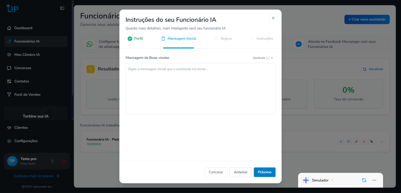 Criar Assistente - Mensagem Inicial