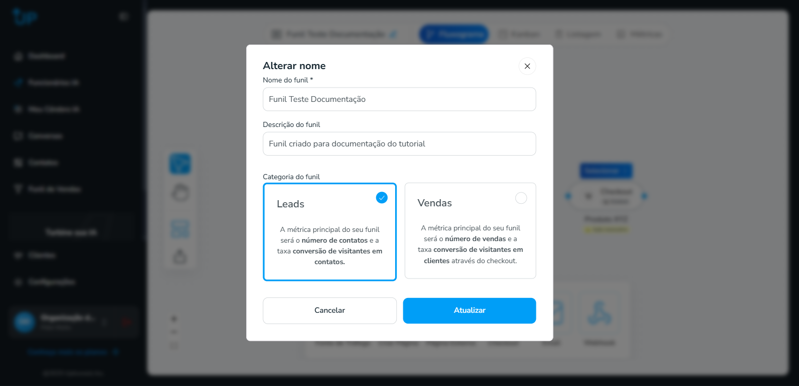 Modal de edição de funil