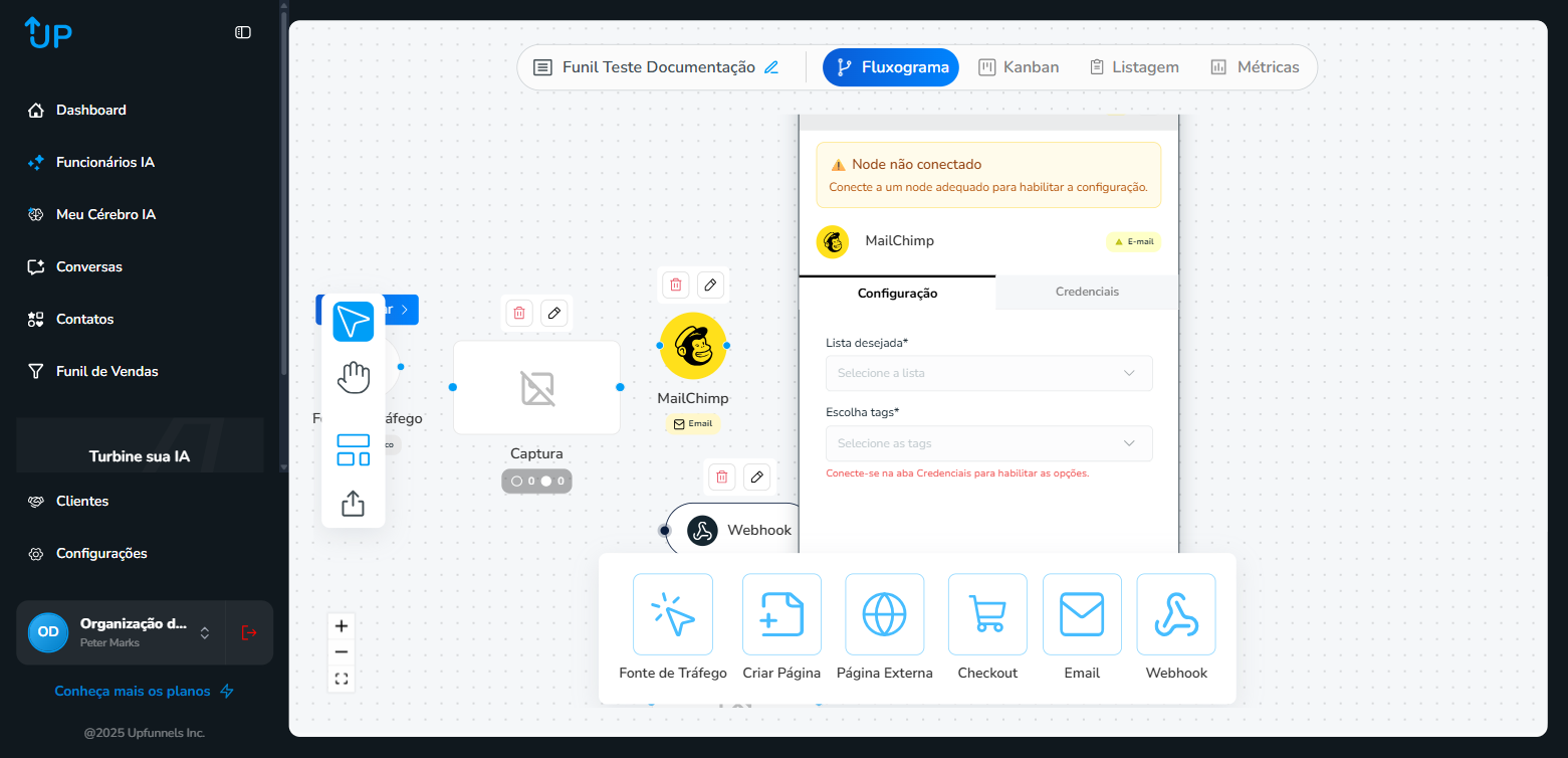 Aba de credenciais Kiwify / MailChimp Config